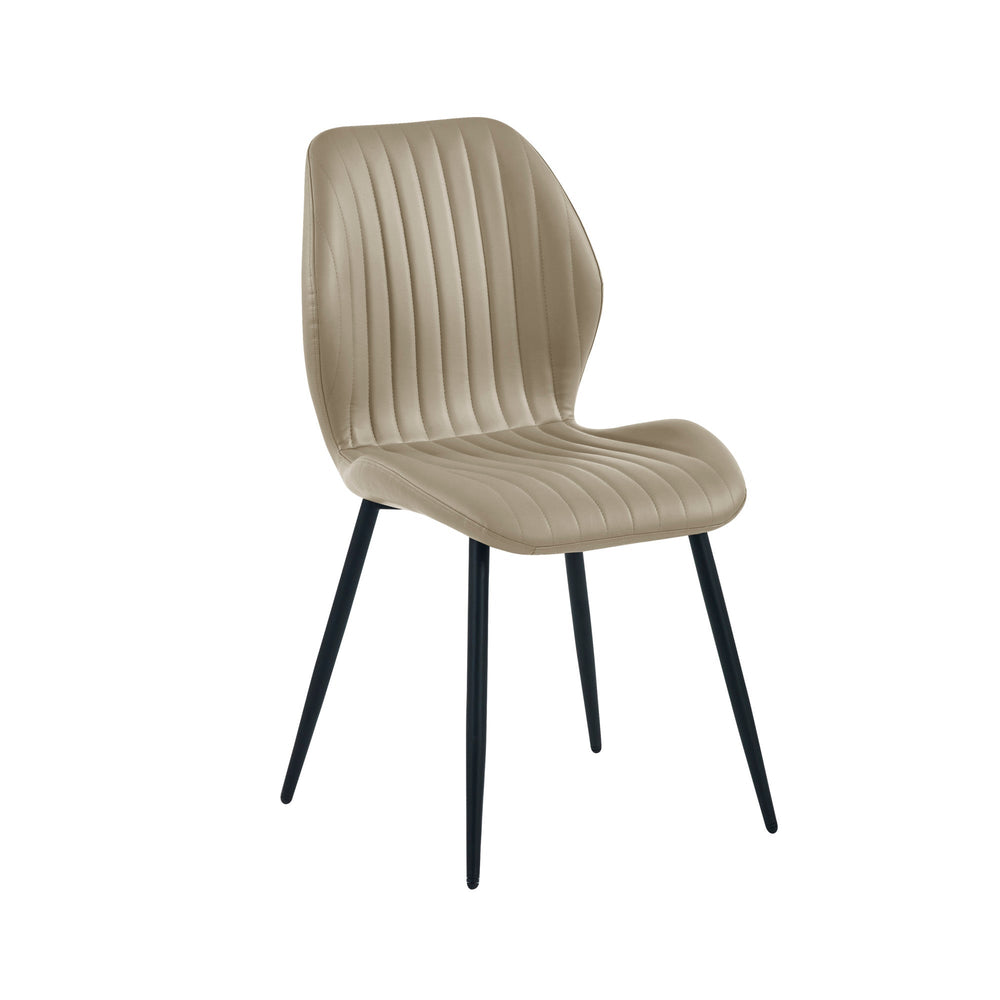 Single beige upholstered dining chair with vertical stitching and black tapered legs on white background