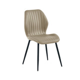 Single beige upholstered dining chair with vertical stitching and black tapered legs on white background