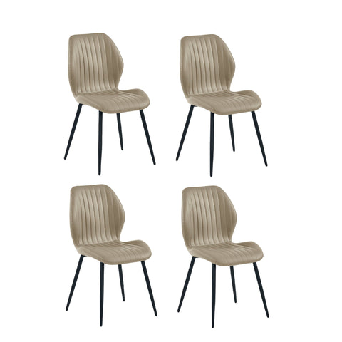 Set of four beige upholstered dining chairs with vertical stitching and black tapered legs on white background