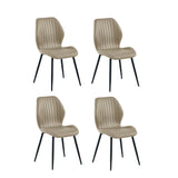 Set of four beige upholstered dining chairs with vertical stitching and black tapered legs on white background