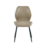 Front view of beige upholstered dining chair with vertical stitched detailing and black tapered legs