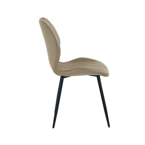 Side view of beige upholstered dining chair showing curved backrest and black metal legs