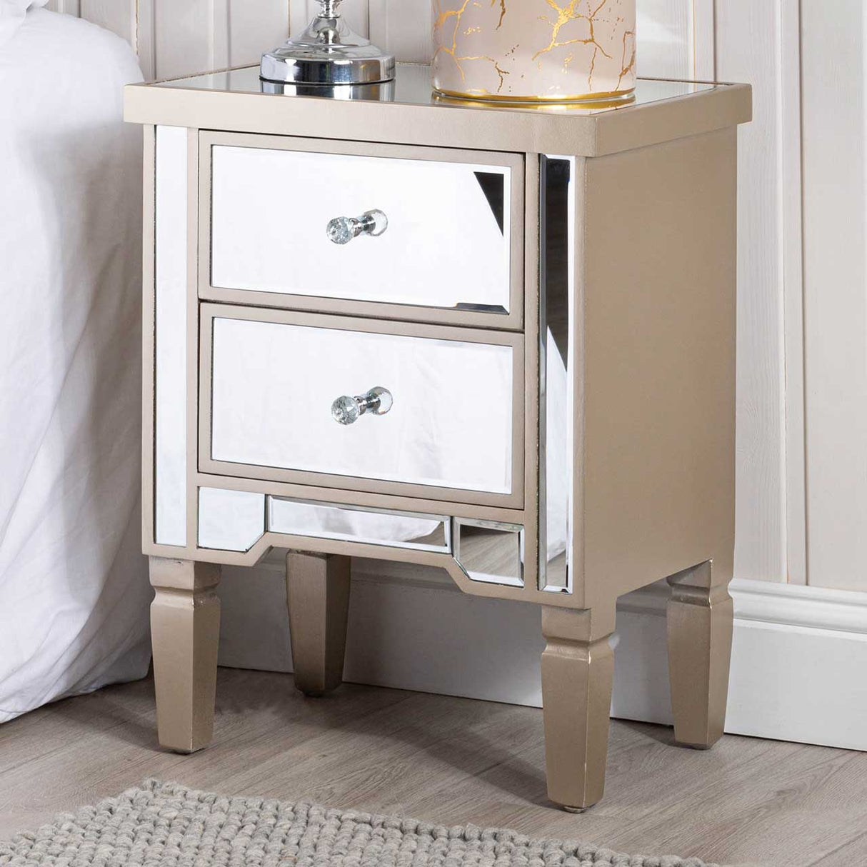 Vista 2 Drawer Dark Champagne Wood &amp; Mirror Bedside Cabinet