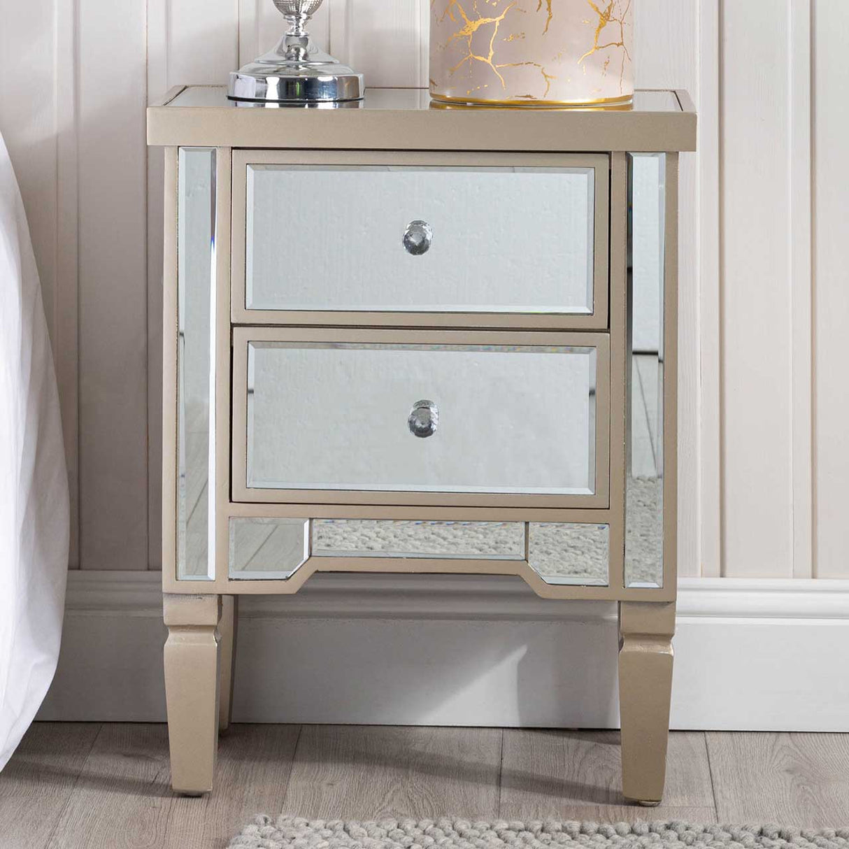 Vista 2 Drawer Dark Champagne Wood &amp; Mirror Bedside Cabinet