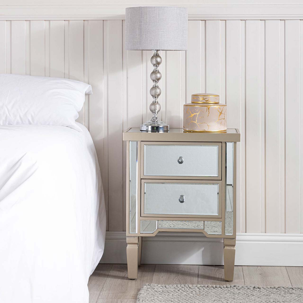 Vista 2 Drawer Dark Champagne Wood &amp; Mirror Bedside Cabinet