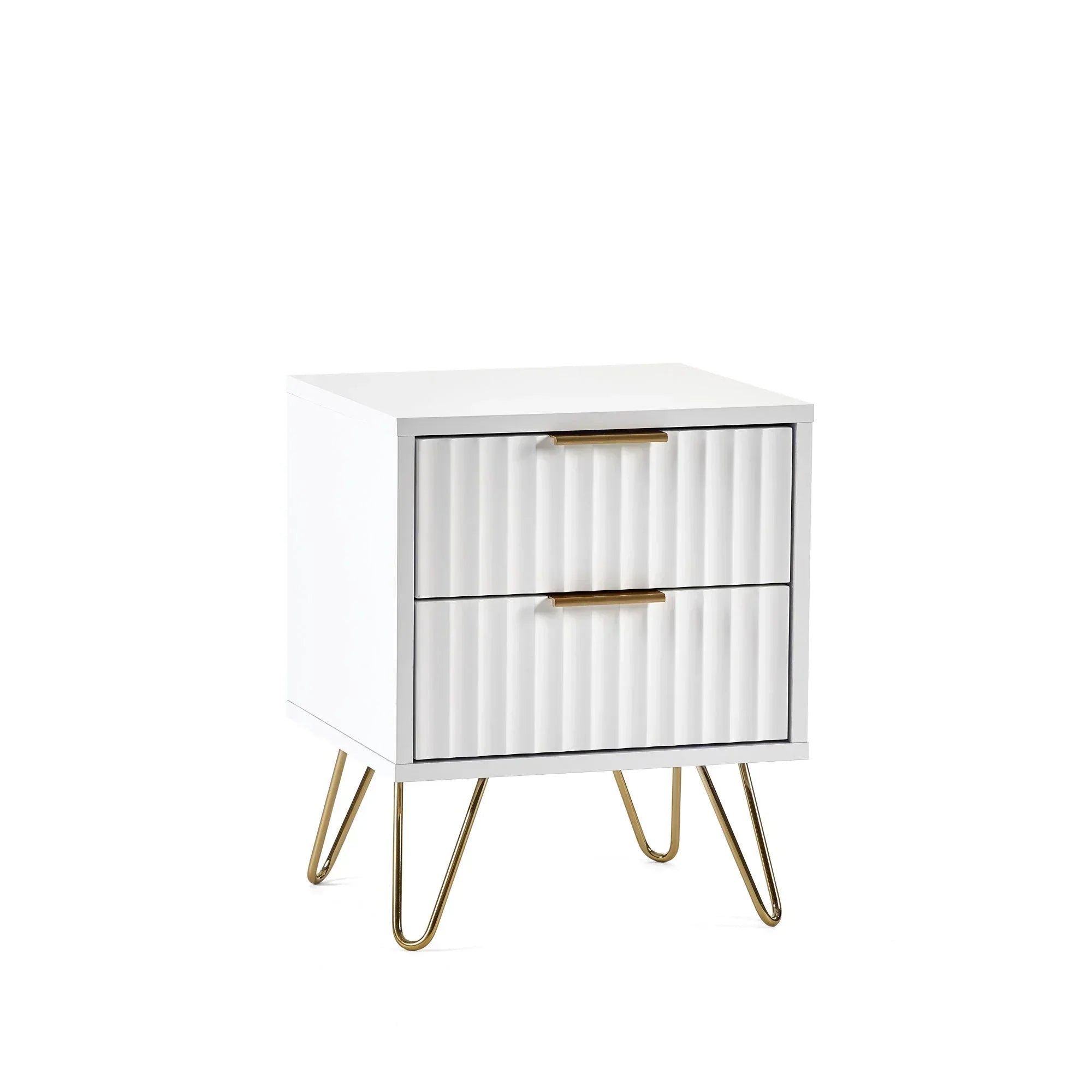 White bedside table with two drawers, gold handles and hairpin legs, front angle view