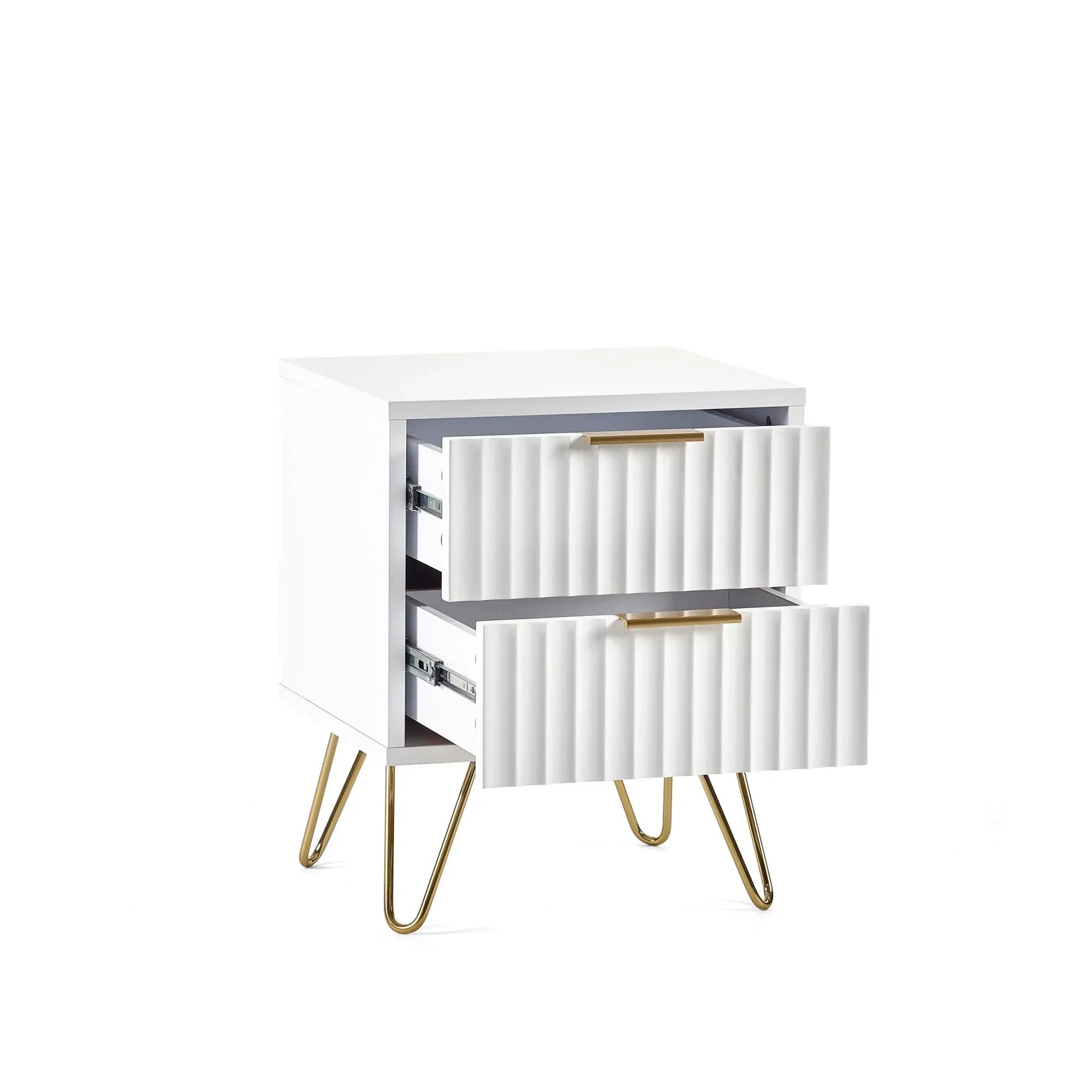 White bedside table with two ribbed drawers and gold hairpin legs, drawers partially open