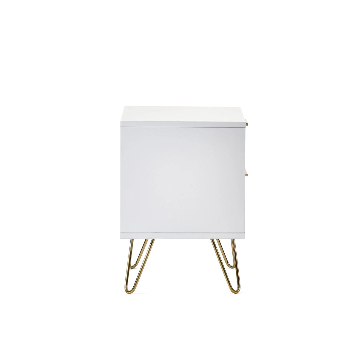 White bedside table with gold hairpin legs, modern design, front angle view