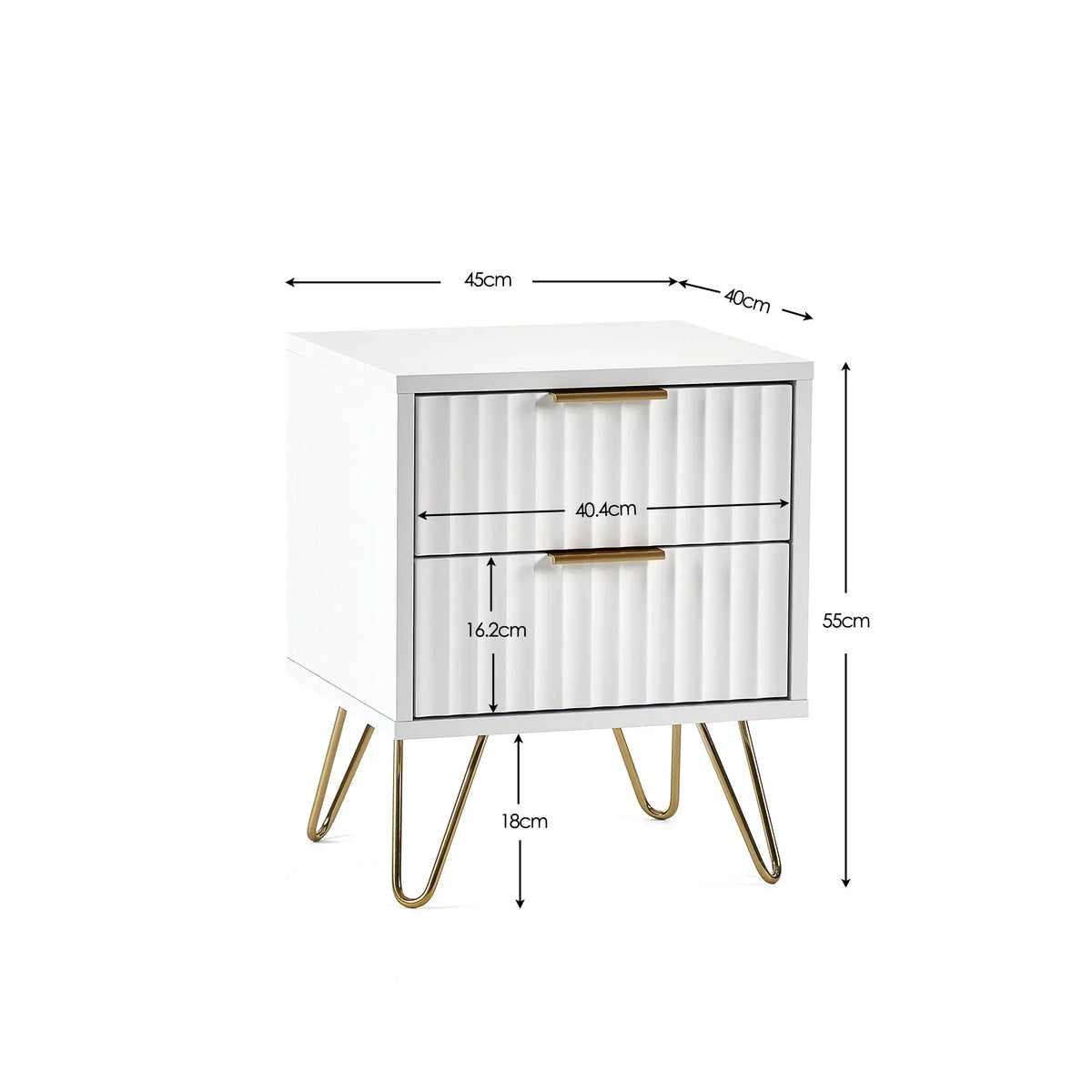 White bedside table with ribbed two drawers, gold handles and legs, size dimensions shown