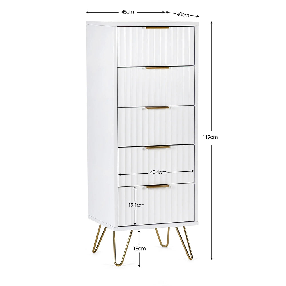 Murano 5 Drawer Tallboy - White - MUR003