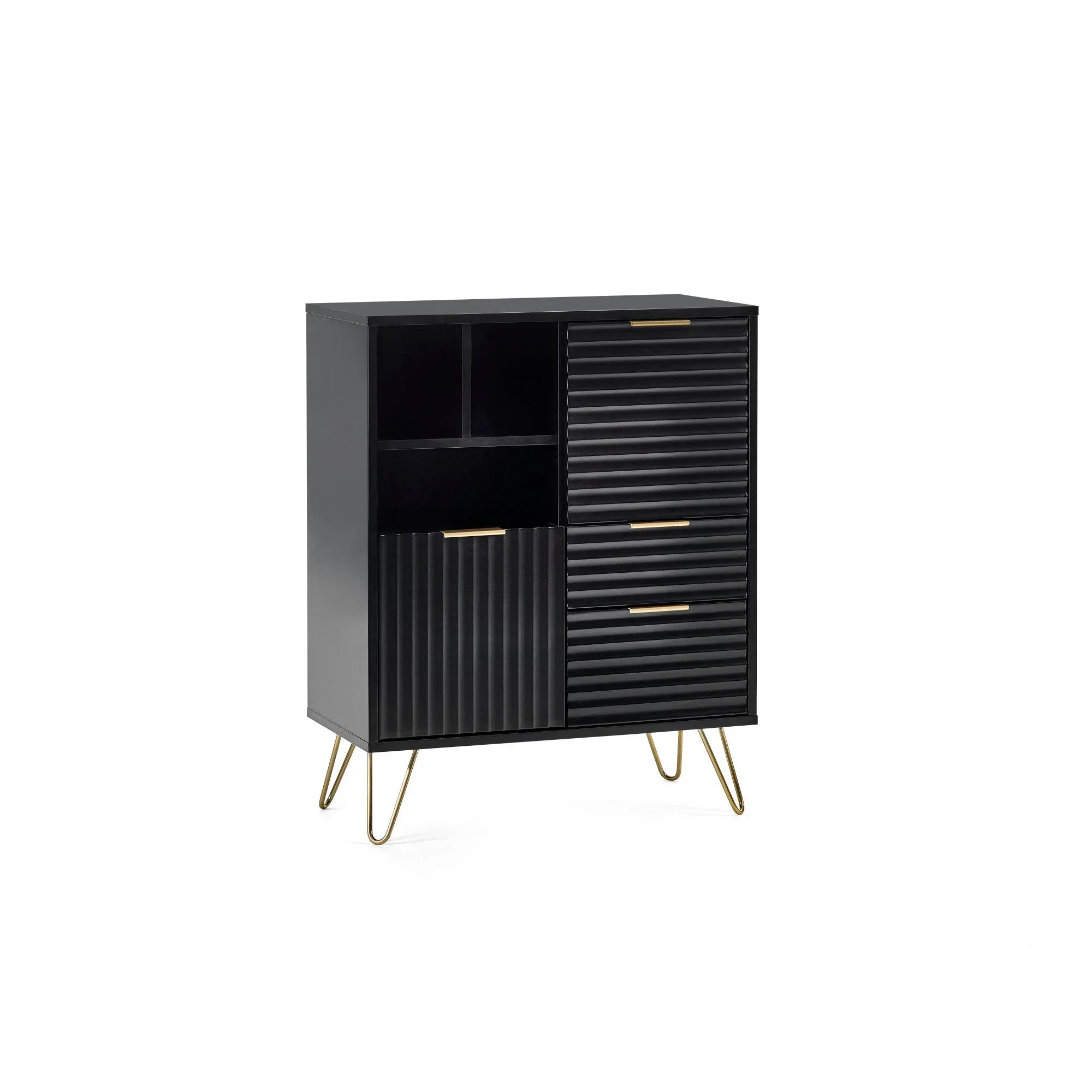 Black sideboard with ribbed doors, gold metal legs, and three drawers, front view