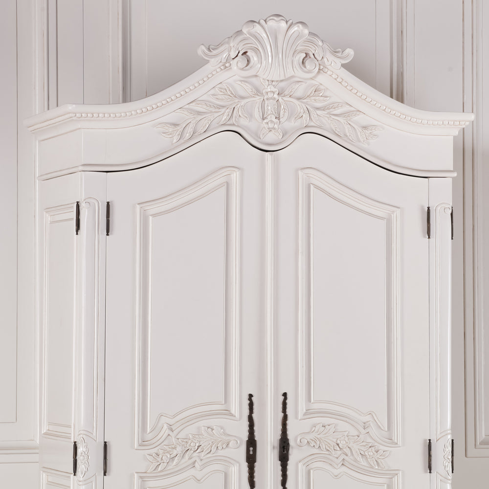 Wooden Carved French Chateau White Double Armoire