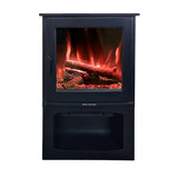 Black electric fireplace stove with realistic LED flame and log effect front view