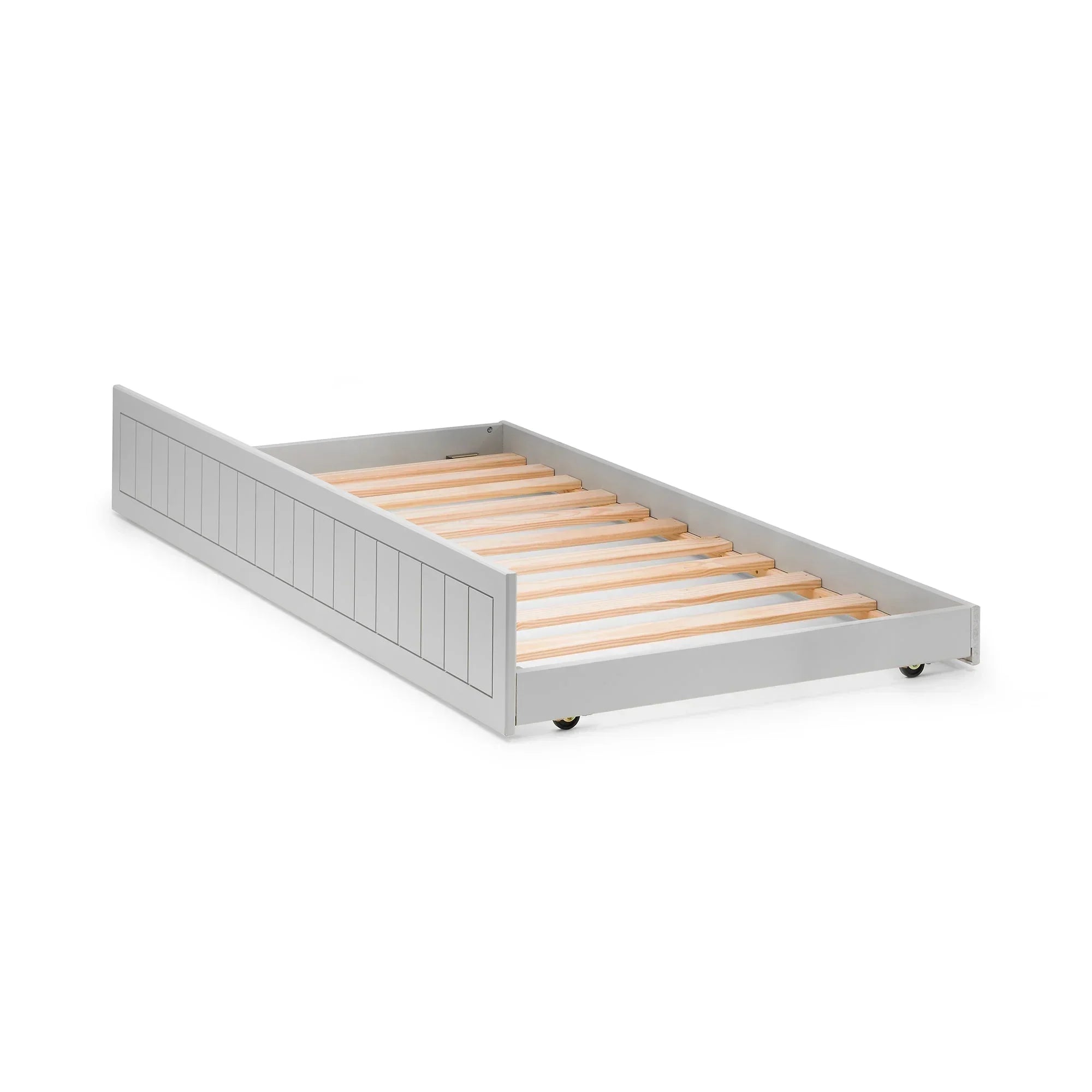 Grey underbed storage drawer with wooden slats and wheels, viewed from front angle