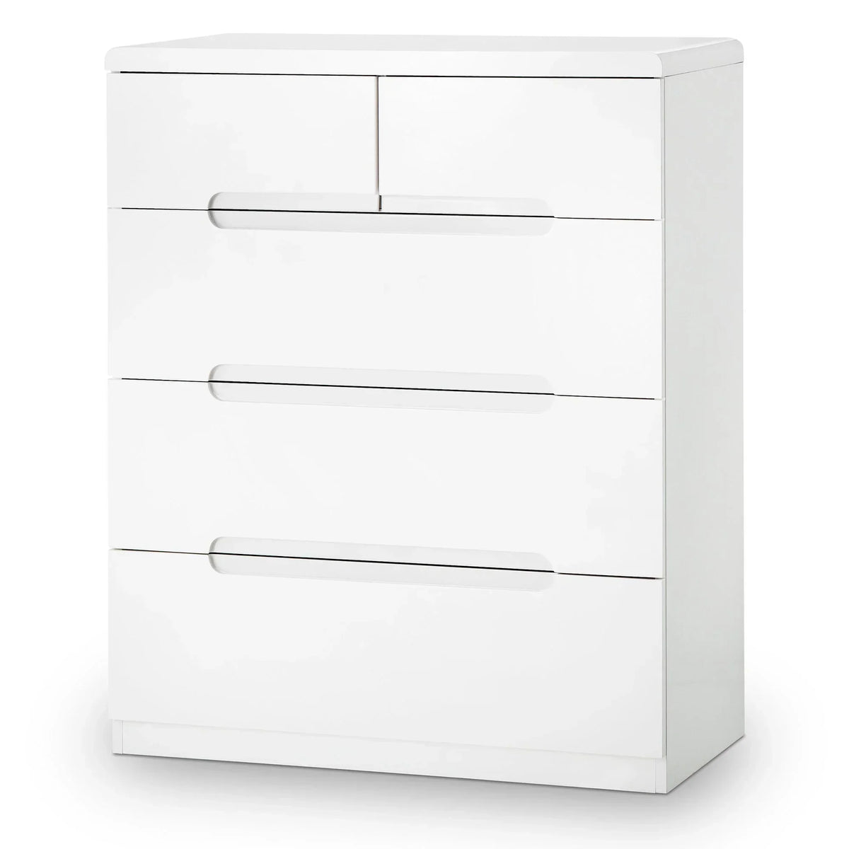 White 3 2 drawer chest with modern handle cutouts, shown from front angle
