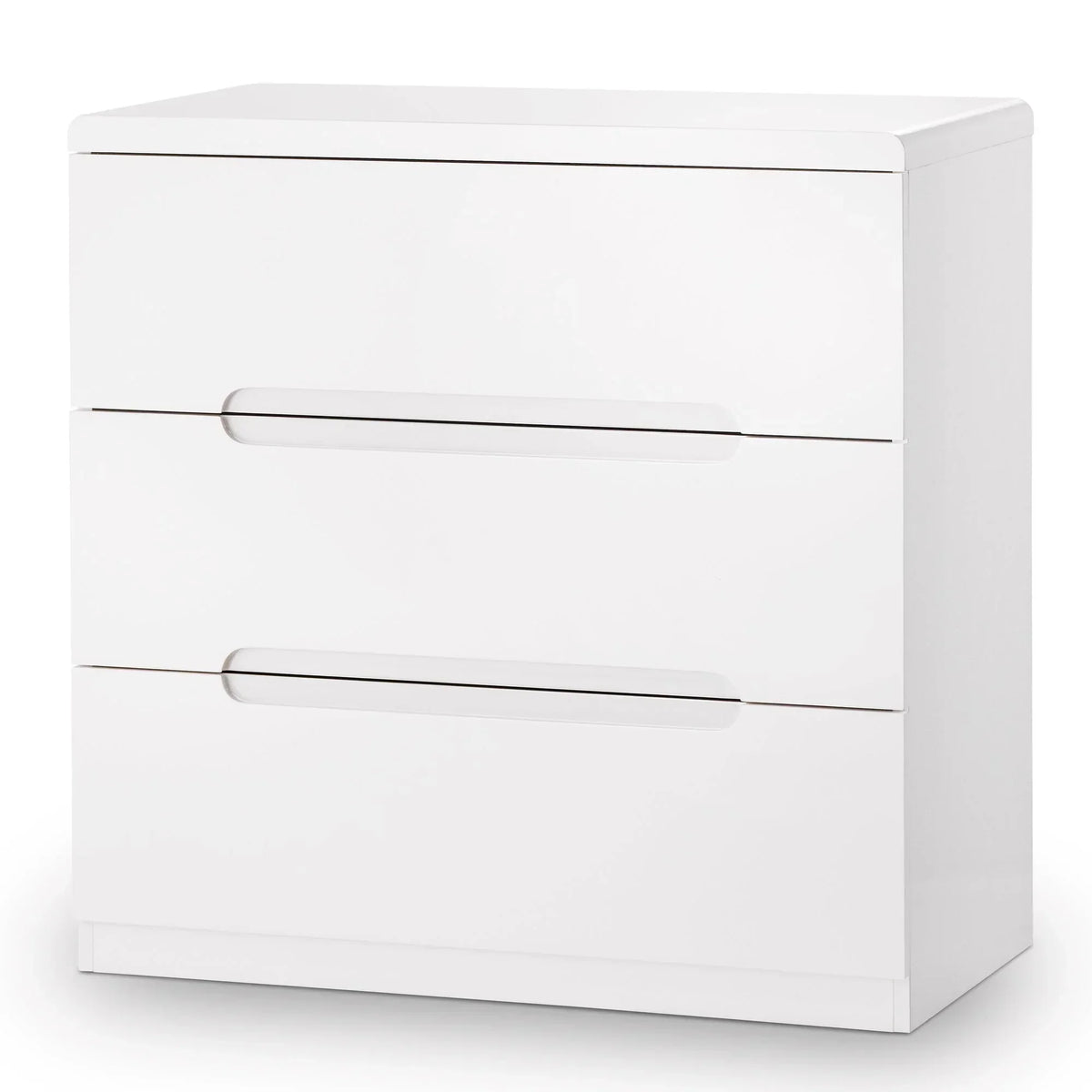 White three drawer chest with integrated handles, shown from front angle
