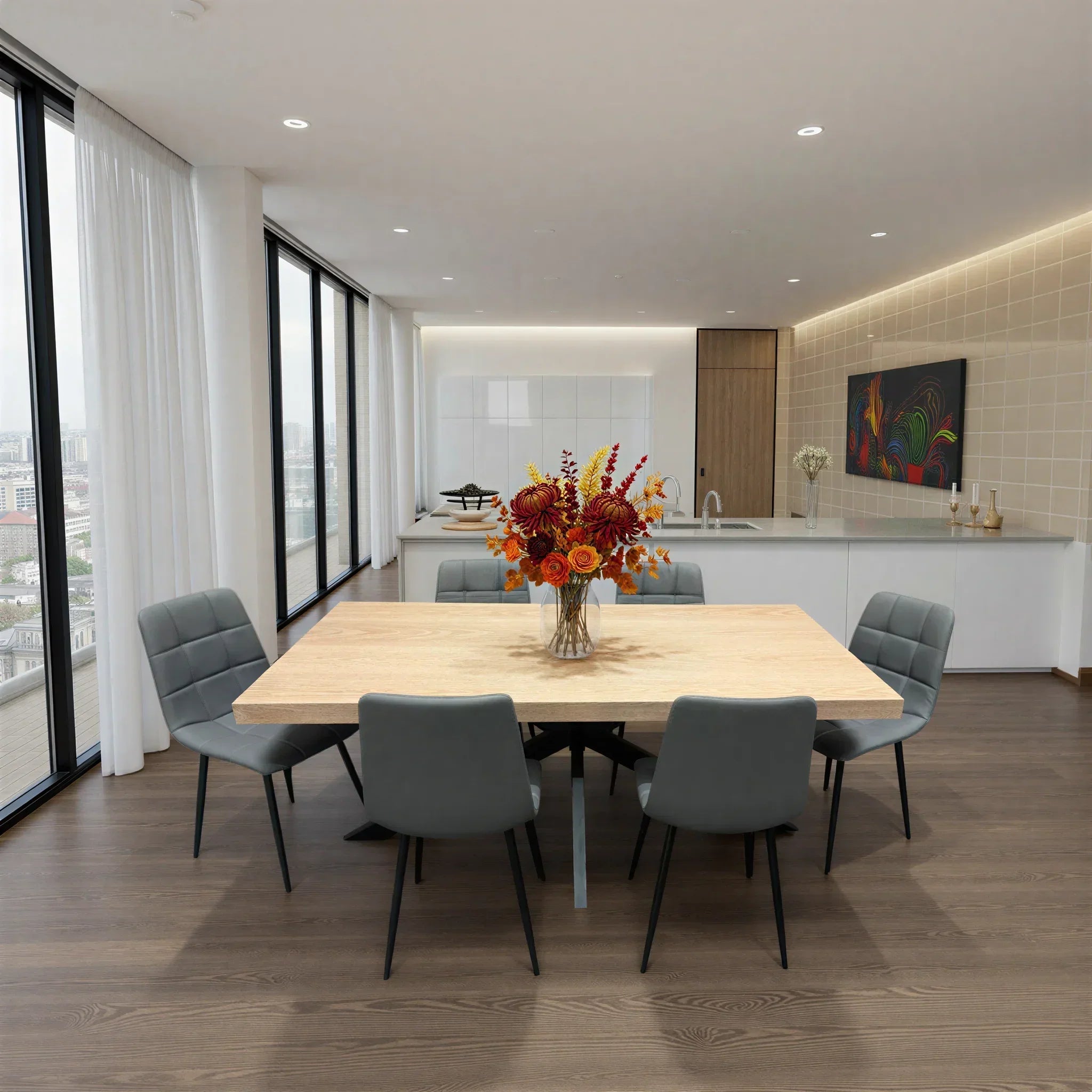 Oak dining table with grey PU chairs in modern kitchen, floral centerpiece on tabletop