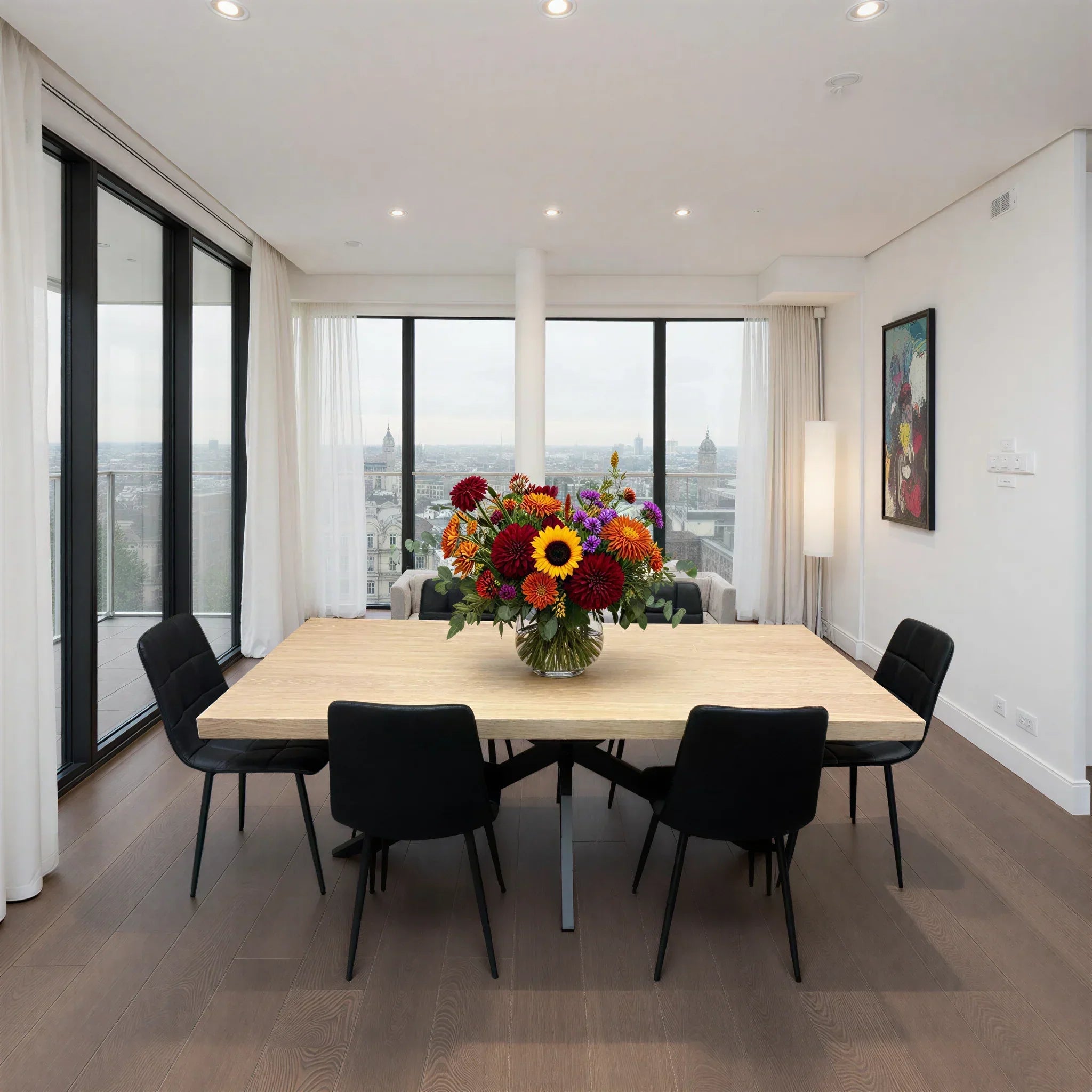 Wood dining table with black PU chairs in modern dining room, large floral centerpiece