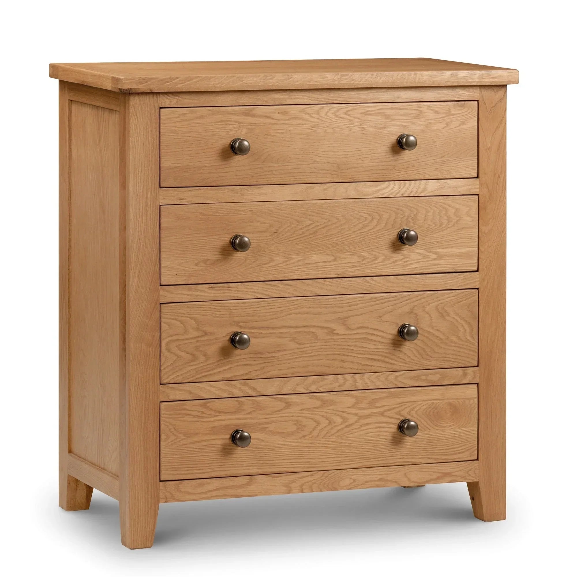 Oak 4 drawer chest with metal handles, angled front view on white background