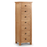 Oak 7 drawer chest with metal handles, tall slim design, natural wood finish, angled view