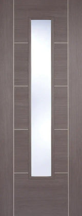 Medium grey laminate internal door with central vertical glazed panel