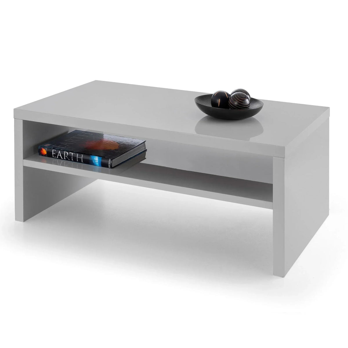 Metro grey high gloss coffee table with shelf, book, and decorative bowl on top