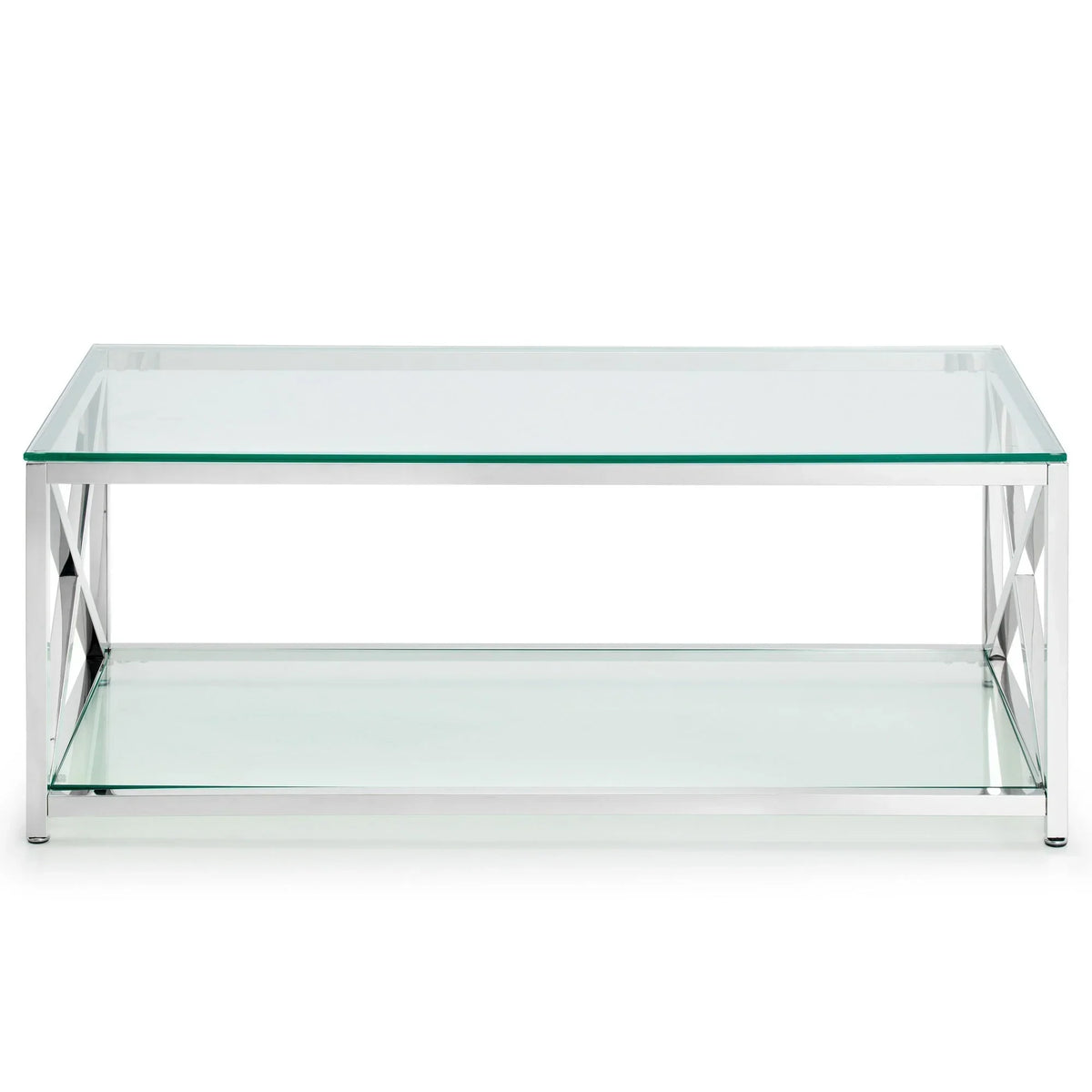 Glass coffee table with chrome metal frame and lower shelf, front view