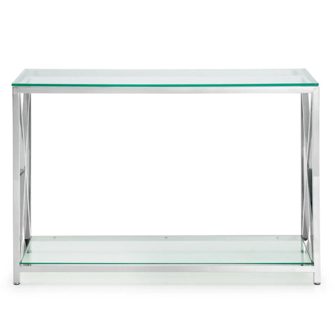 Glass console table with chrome metal frame and lower shelf, front view