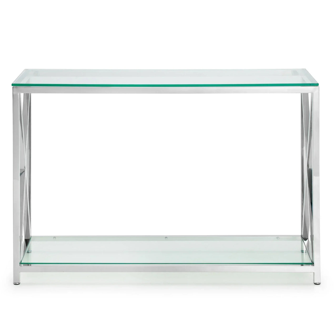 Glass console table with chrome metal frame and lower shelf, front view