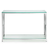 Glass console table with chrome metal frame and lower shelf, front view