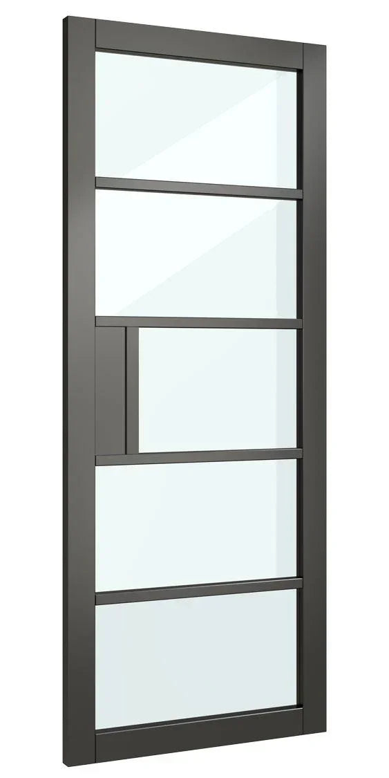 Modern black framed glass door with five clear glass panels