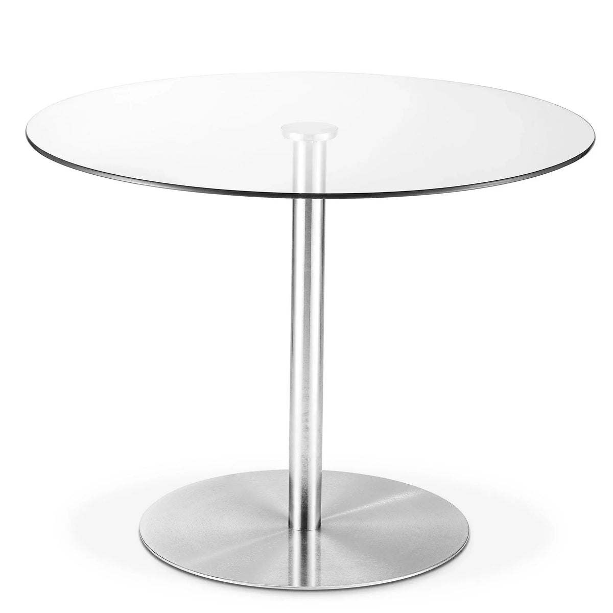 Round glass dining table with metal pedestal base on white background