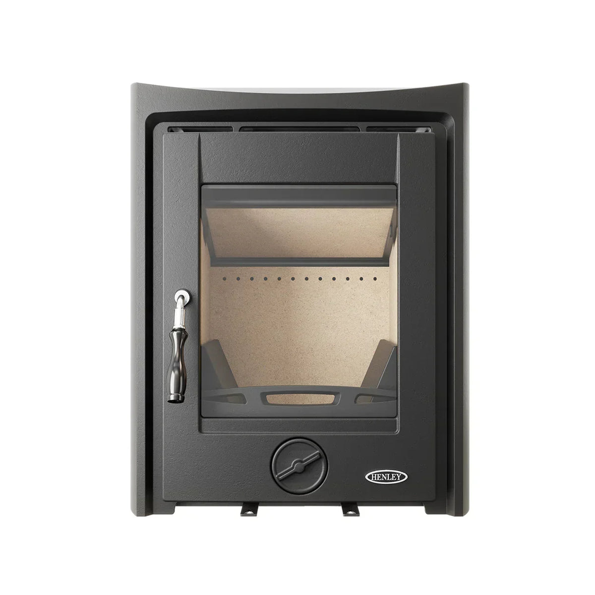 Eco wood burning stove insert with glass front and metal handle, black finish, front view