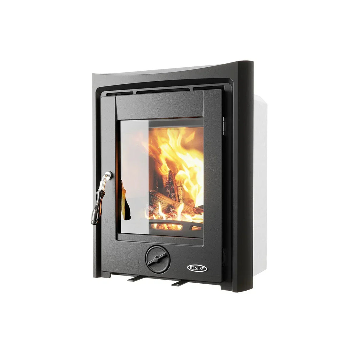 Black eco wood burning stove insert with glass door and visible fire, right side angle