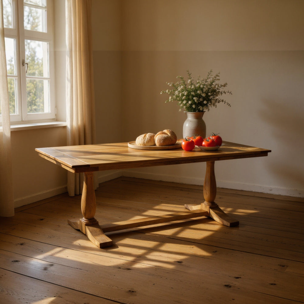 Wooden table with bread and fruit in a sunlit room
