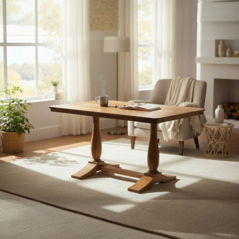 Wooden dining table in a bright room with natural light