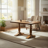 Wooden dining table in a bright room with natural light