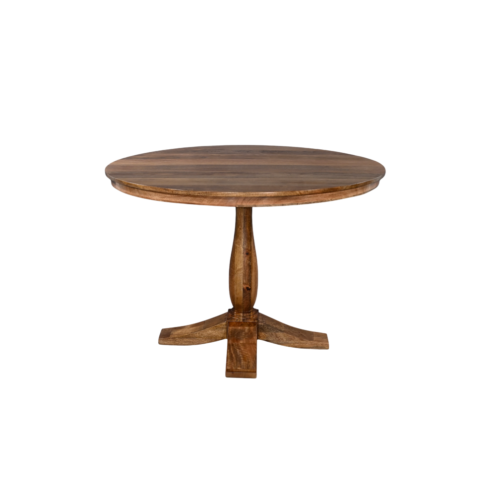 Round wooden table with a pedestal base on a white background