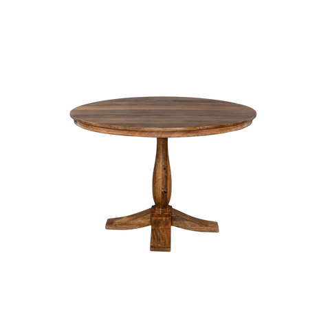 Round wooden table with a pedestal base on a white background