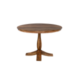 Round wooden table with a pedestal base on a white background