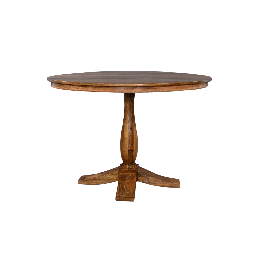 Round wooden table with a pedestal base on a white background