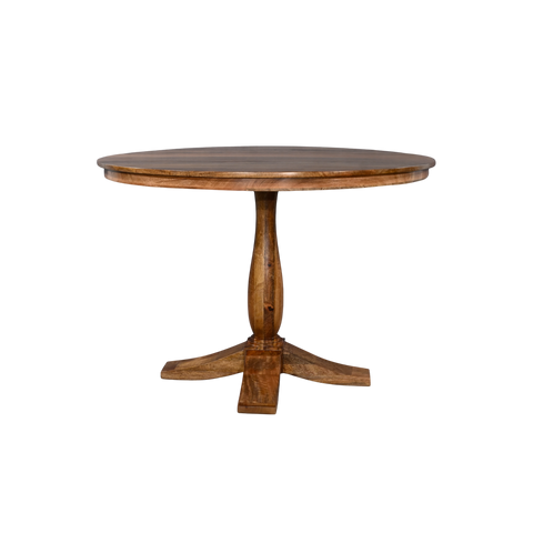 Round wooden table with a pedestal base on a white background