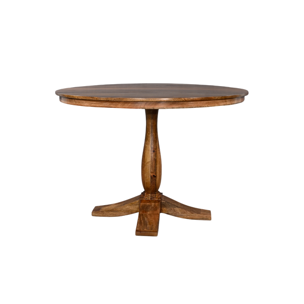 Round wooden table with a pedestal base on a white background