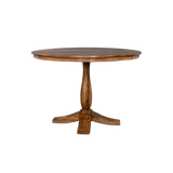 Round wooden table with a pedestal base on a white background