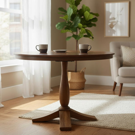 Wooden dining table with two cups and a plant in a living room setting.