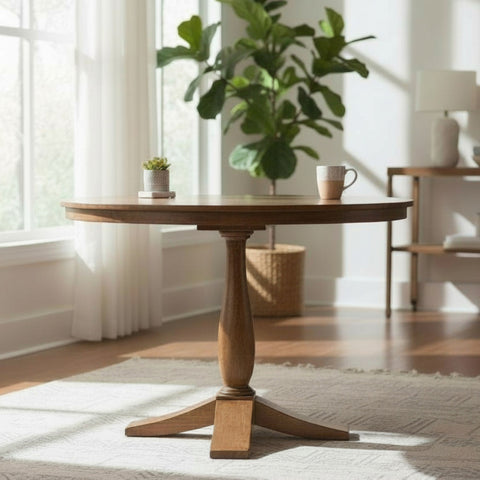 Wooden round table with a plant and mug in a bright room