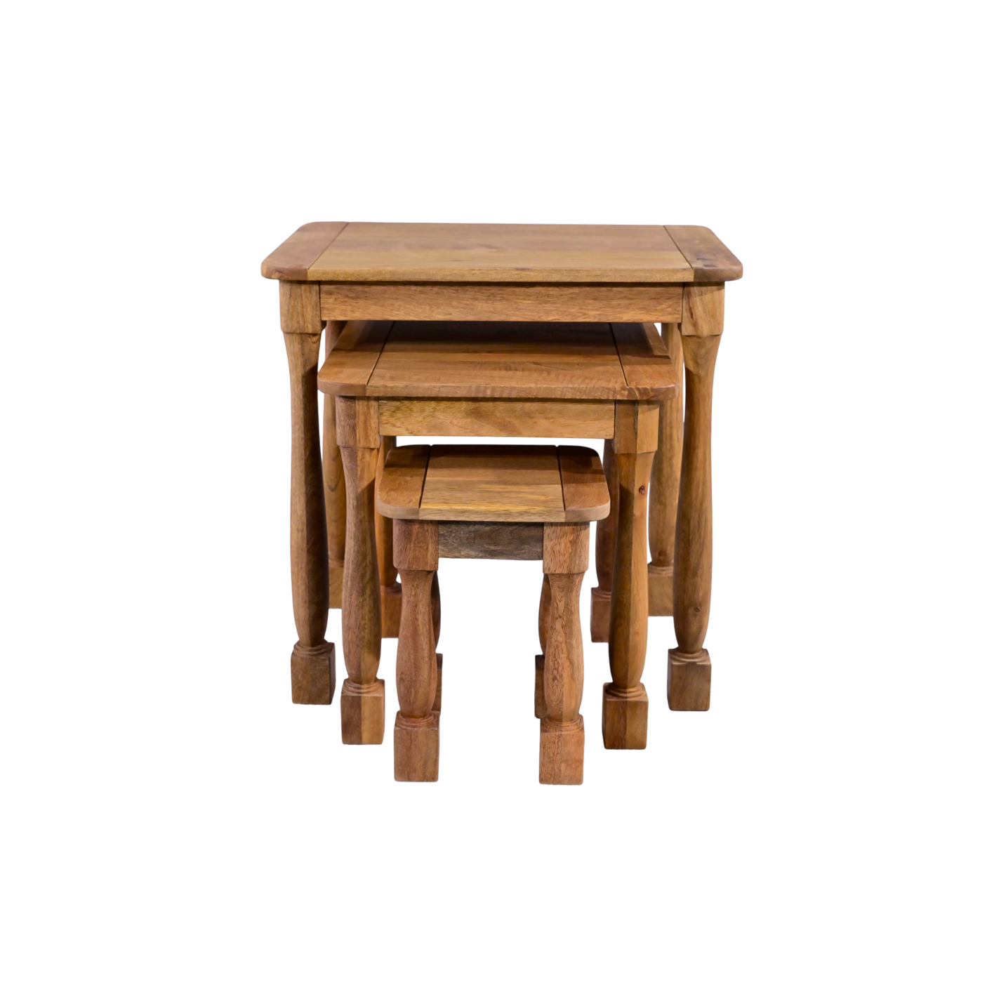 Set of three wooden nesting tables on a white background