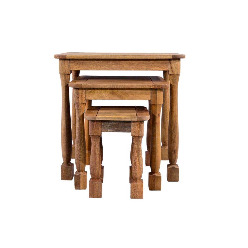 Set of three wooden nesting tables on a white background