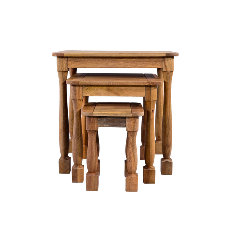 Set of three wooden nesting tables on a white background
