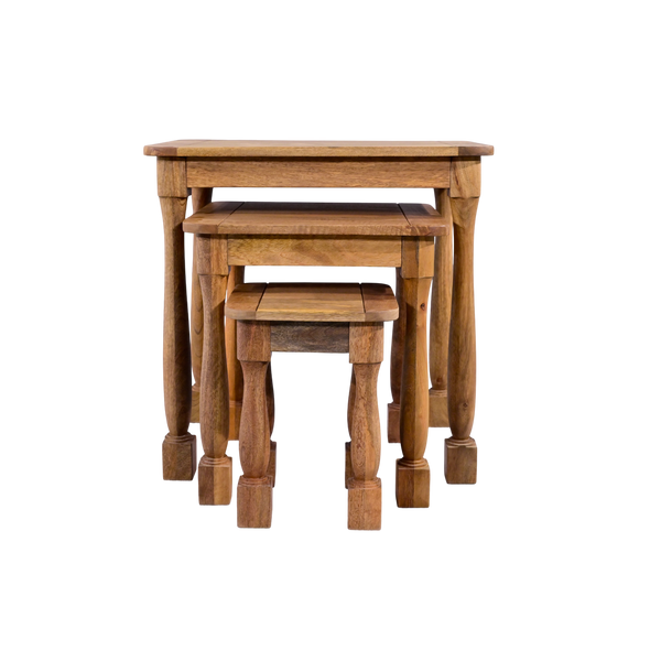 Set of three wooden nesting tables on a white background